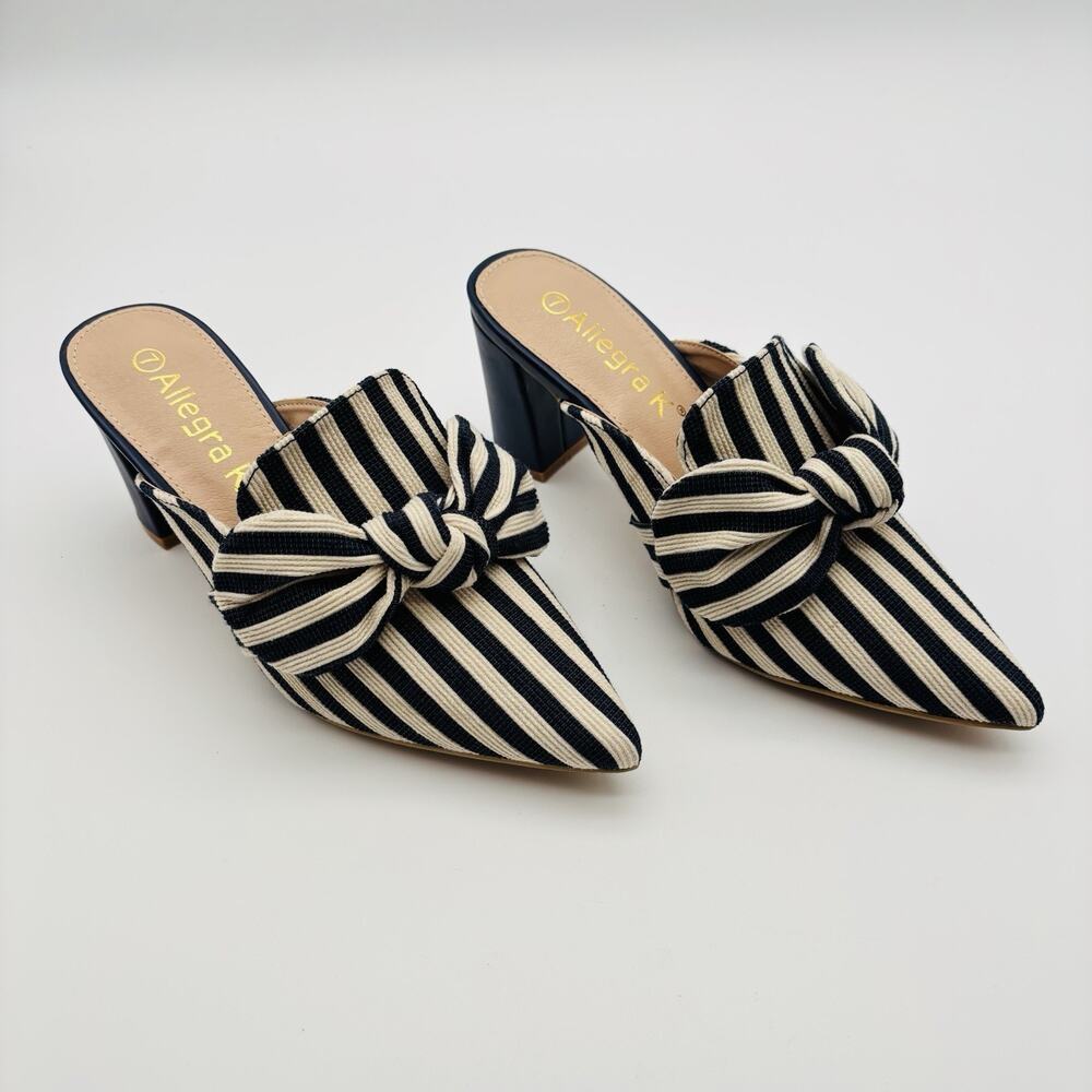 Allegra K- Women's Size 7- New! White/Blue Stripe- Bow Accent- Slip on Mules